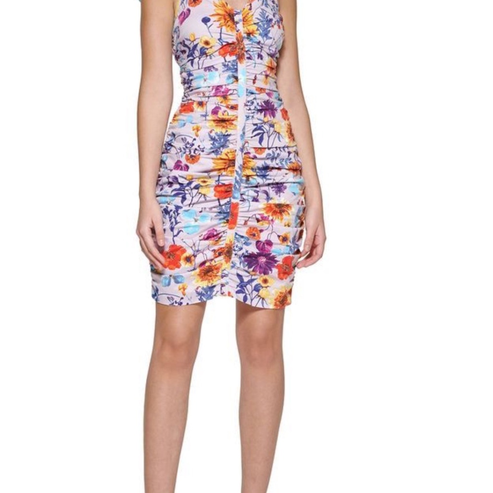Guess Floral print ruched dress lilac multicolored size 6